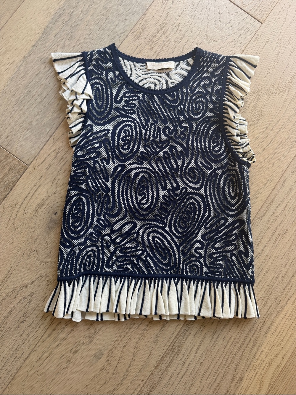 Ulla Johnson Navy and Cream Ruffle Jacquard Tank